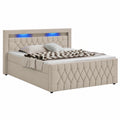 Boxspringbett Leona 140x200 cm mit LED, Topper & H4 Matratze - Samtgestepptes Einzelbett Beige