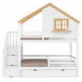 Etagenbett für Kinder aus Holz, 90x200 cm, mit Treppe und Schubladen, Hausdesign in Weiß und Natur