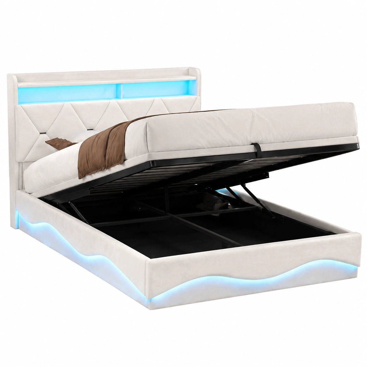Hydraulisches Polster-Doppelbett 140x200 cm mit LED, Stauraum und USB