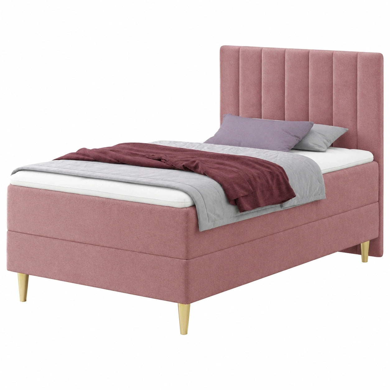 Komfortables Boxspringbett 90x200 cm mit Stauraum und Topper, Polsterbett in Velours Pink