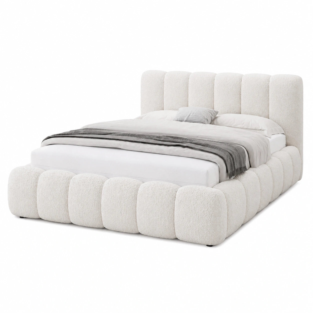 Elegantes Polsterbett 140x200 cm mit Bettkasten und Bouclé-Stoff, inklusive Lattenrost und Kopfteil, Beige
