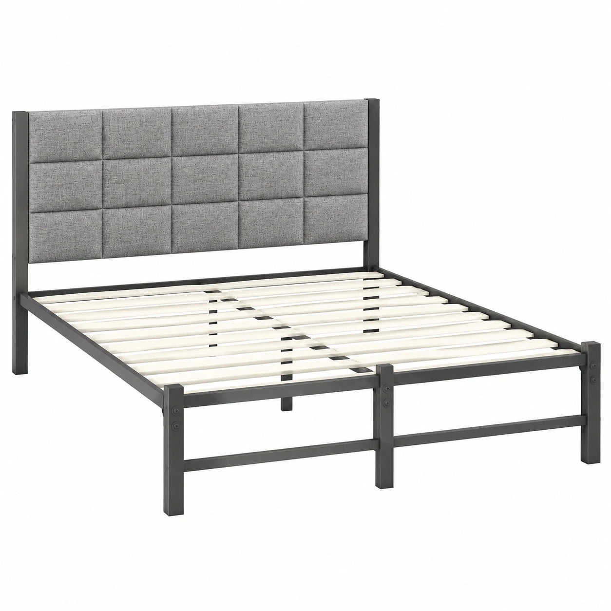 Modernes Metallbett 140x200 cm mit Lattenrost und Kopfteil, Stilvolles Polsterbett für Schlafzimmer, Einfacher Aufbau, Graues Doppelbett ohne Boxspring