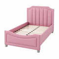 Kinderbett 90x200 cm mit LED, Polsterbett für Mädchen im Prinzessinnenstil, Jugendbett mit Wolkenmotiv und verstellbarem Kopfteil, Rosa mit Geländer, ohne Matratze