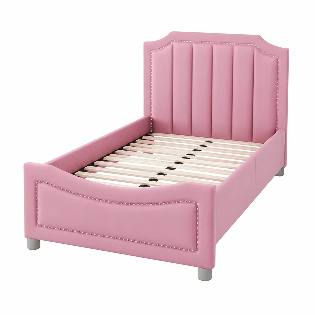 Kinderbett 90x200 cm mit LED, Polsterbett für Mädchen im Prinzessinnenstil, Jugendbett mit Wolkenmotiv und verstellbarem Kopfteil, Rosa mit Geländer, ohne Matratze