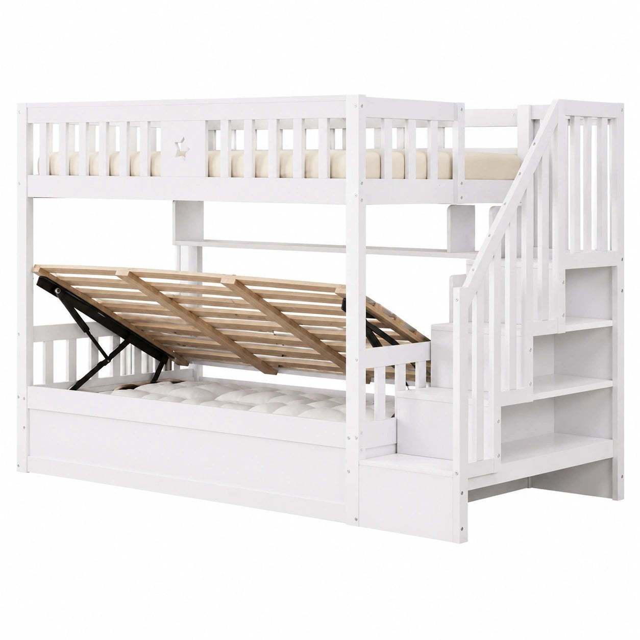 Hölzernes Hochbett 90x200cm mit Stauraumtreppe und hydraulischem Bettkasten, Jugendbett in Weiß