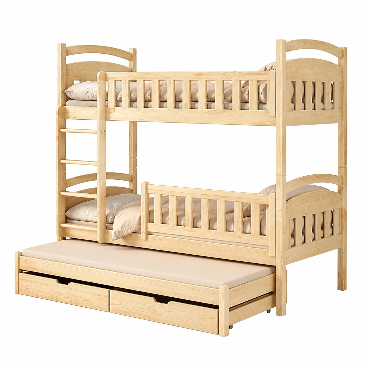 Flexibles Kinder-Etagenbett 90x200 mit Schubladen und Rausfallschutz, umbaubar in 3 Einzelbetten, für 4-16 Jahre, inkl. Lattenrost, Naturholz