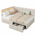 Multifunktionales Polsterbett 140x200 mit Stauraum und LED-Kopfteil, Jugendbett mit Schubladen und USB-Anschluss, Sofabett in Beige Leinen