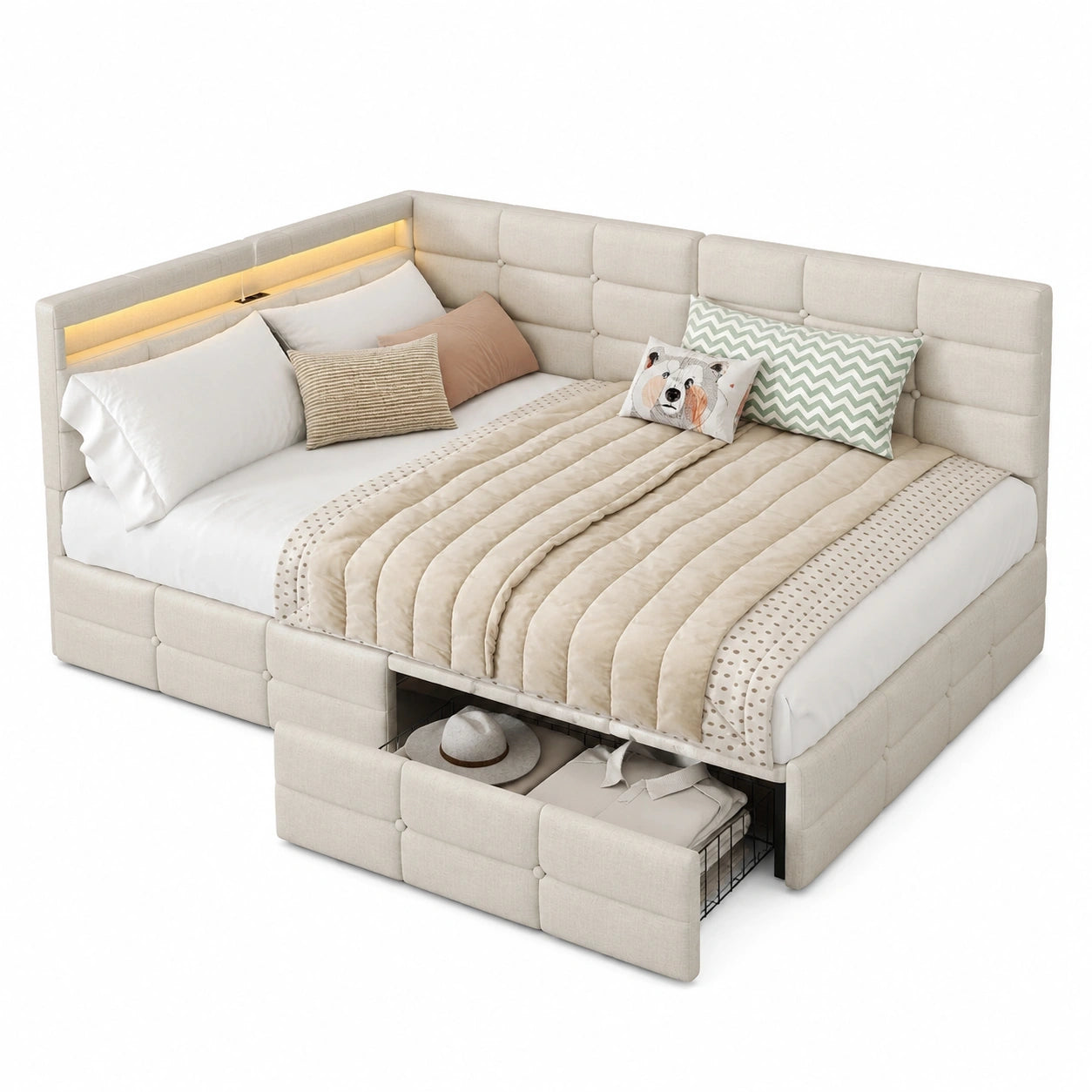Multifunktionales Polsterbett 140x200 mit Stauraum und LED-Kopfteil, Jugendbett mit Schubladen und USB-Anschluss, Sofabett in Beige Leinen