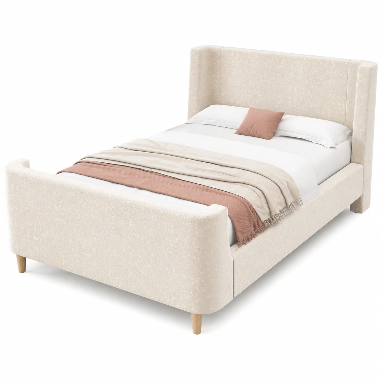 Bequemes Merax Jugendbett 90x200cm aus Samt, mit Lattenrost und hohem Kopf- und Fußteil, Cartoon-Muster, für Jungen und Mädchen, ohne Matratze, Beige