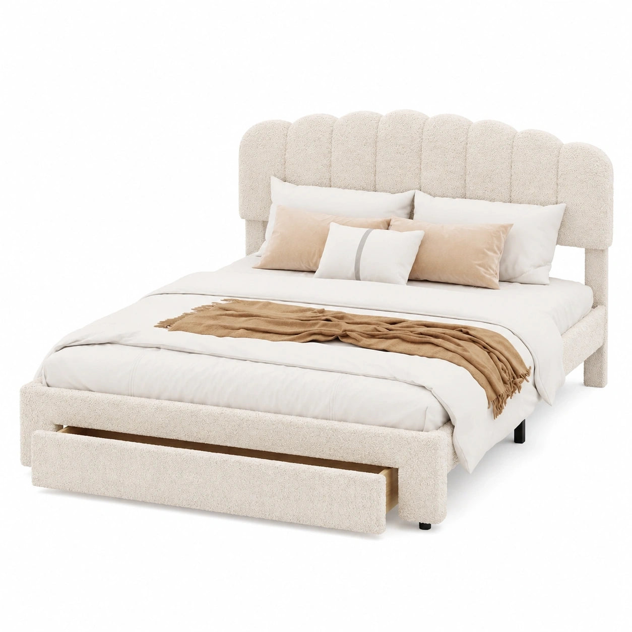 Verstellbares Polsterbett 140x200 cm mit USB & Typ-C, Stauraum und Schubladen, Teddy-Samt, Beige