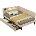 Multifunktionales Polsterbett 90x200 cm mit LED & USB, Jugend-Schlafsofa in L-Form, inklusive Lattenrost, Stauraum und Schubladen, Velours Beige