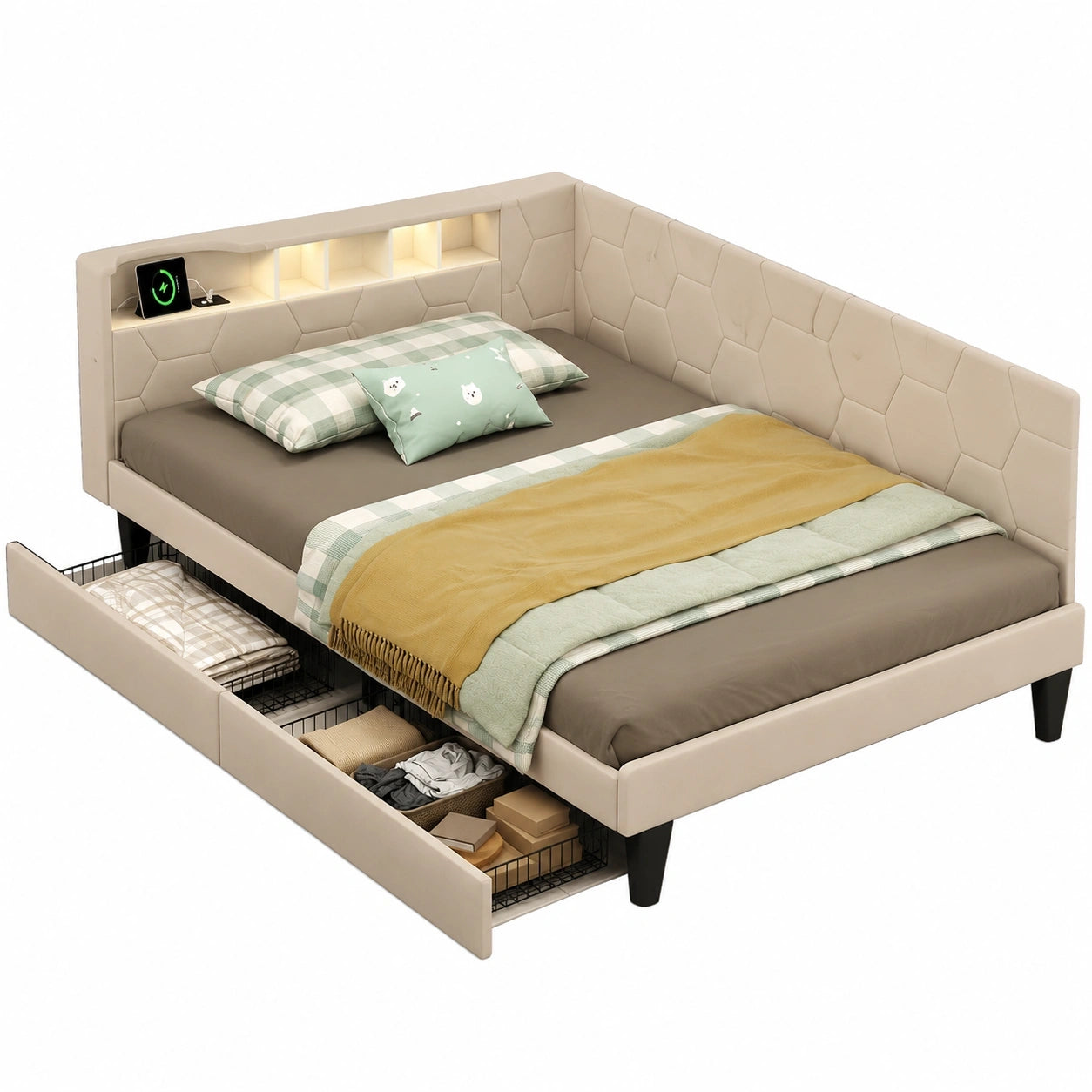 Multifunktionales Polsterbett 90x200 cm mit LED & USB, Jugend-Schlafsofa in L-Form, inklusive Lattenrost, Stauraum und Schubladen, Velours Beige