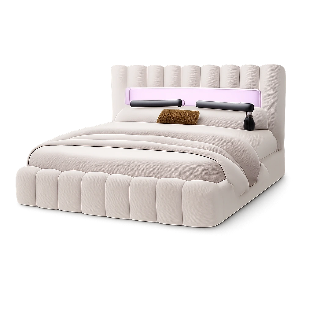 Modernes Polsterbett 160x200 mit Stauraum, USB-Anschluss und LED-Licht in Beige