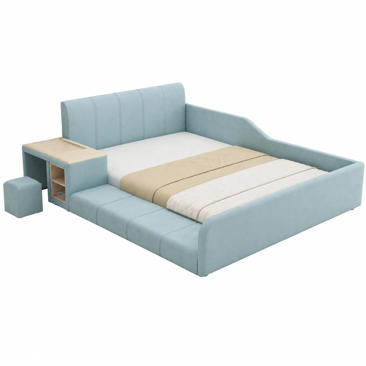 Kinder Polsterbett 140x200 cm mit Schreibtisch und Hocker, Doppelbett mit Stauraum und gepolstertem Kopfteil, Holzbettgestell aus Samt ohne Matratze (Blau)