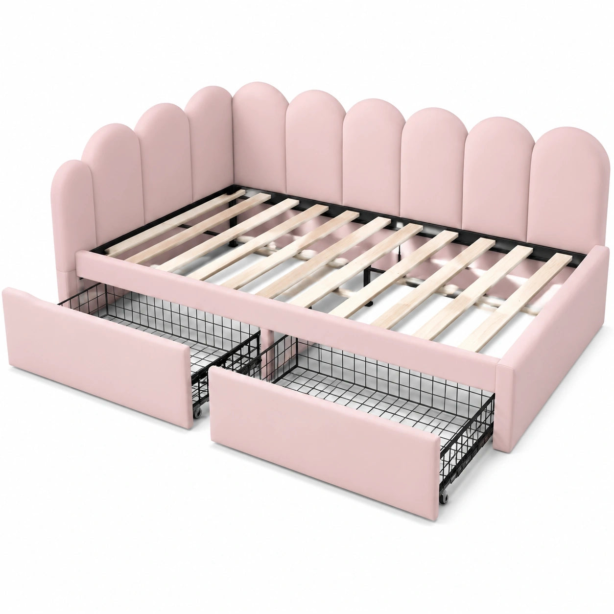 Kleines Schlafsofa 90x200 cm in Rosa, Jugendbett für Mädchen mit Bettfunktion und 2 Schubladen, Samtgepolstert, Ohne Matratze