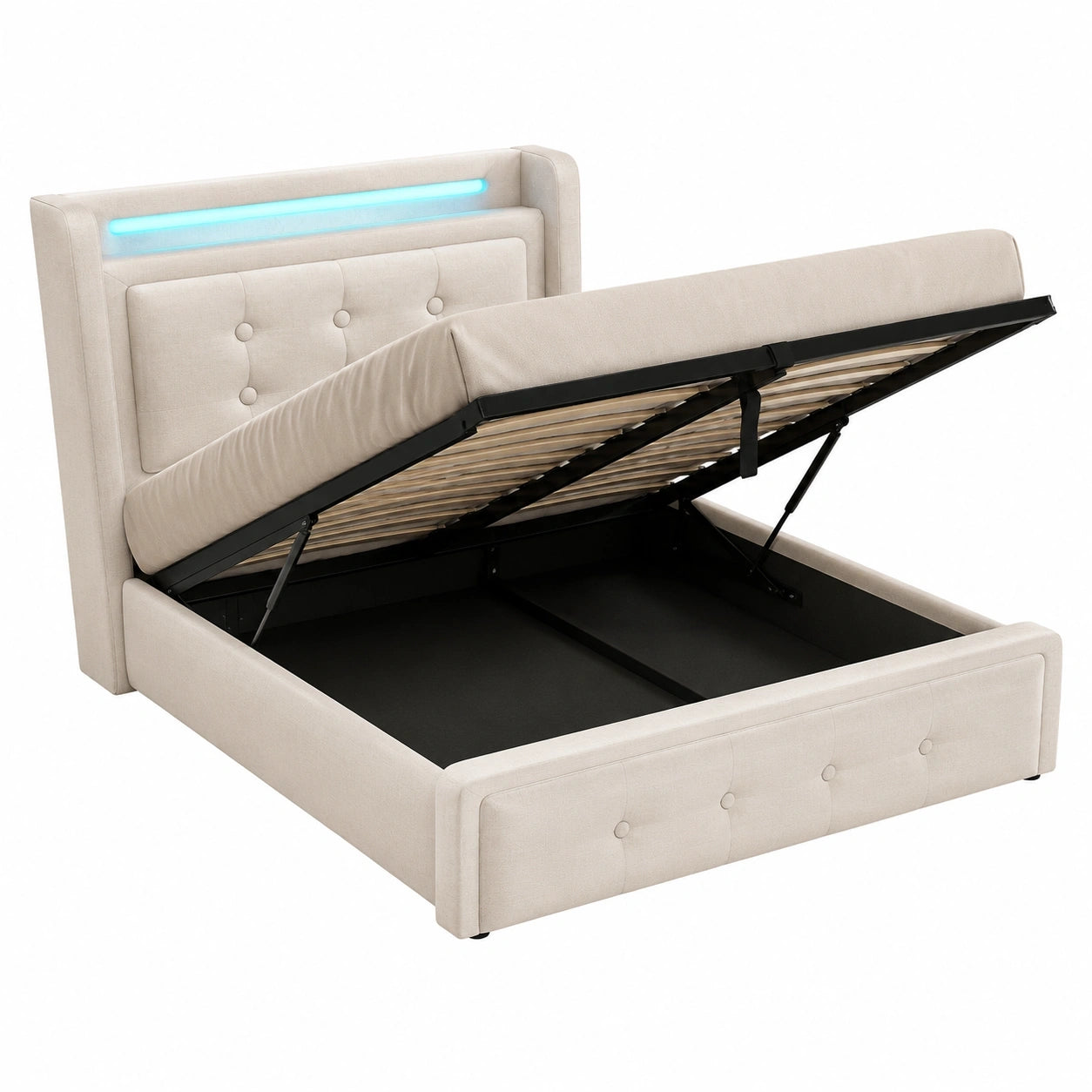 Einzelbett 90x200 cm mit LED-Kopfteil und USB, Polsterbett für Kinder und Jugendliche, Stauraumbett mit Lattenrost, Beige Leinen, ohne Matratze