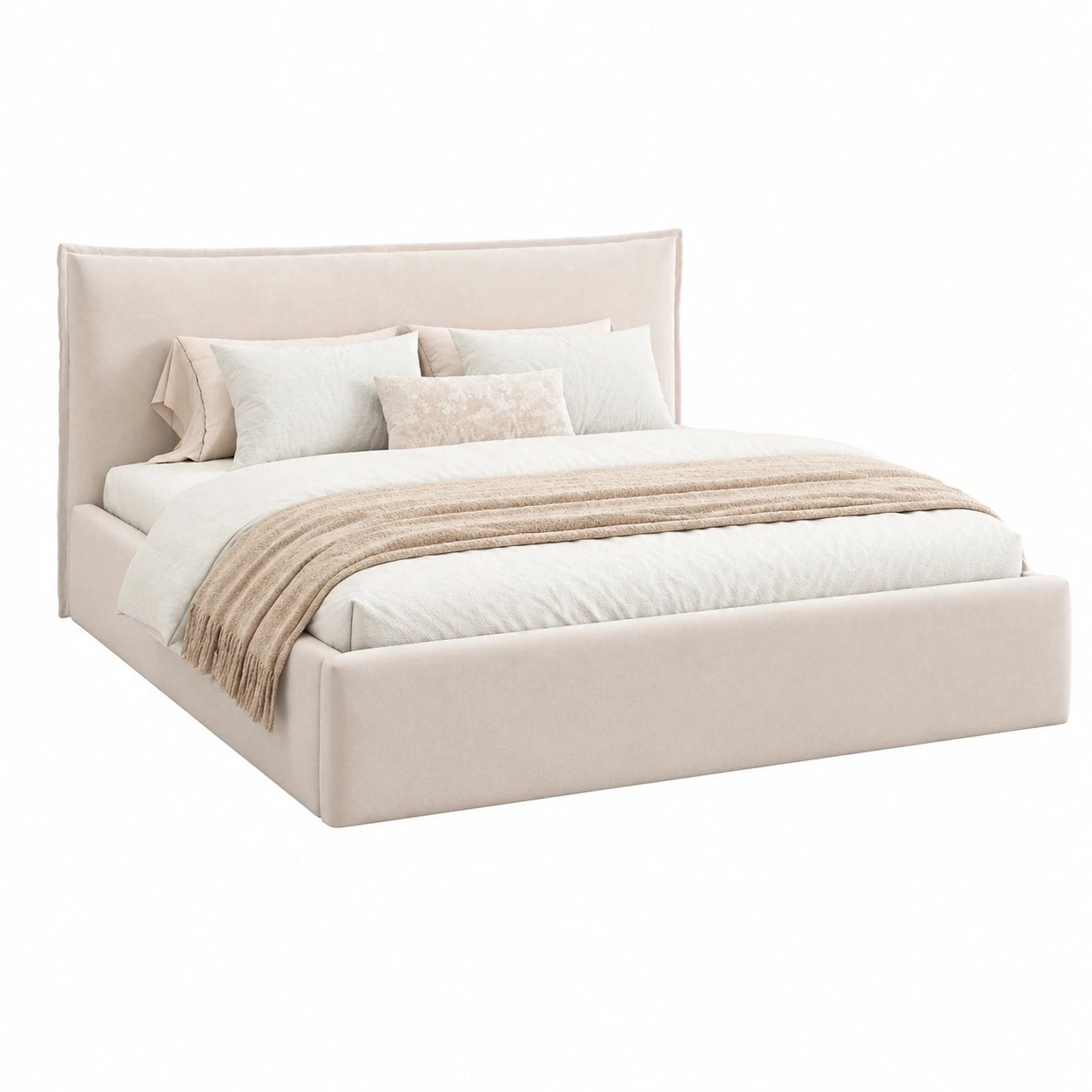MOTIVENA Samt-Polsterbett 160x200 Beige mit Stauraum und Kopfteil