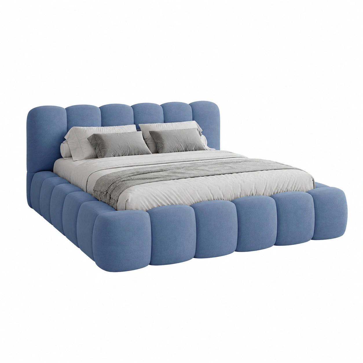 Elegantes Polsterbett 200x200 cm aus Samt mit Bettkasten und Kopfteil in Blau