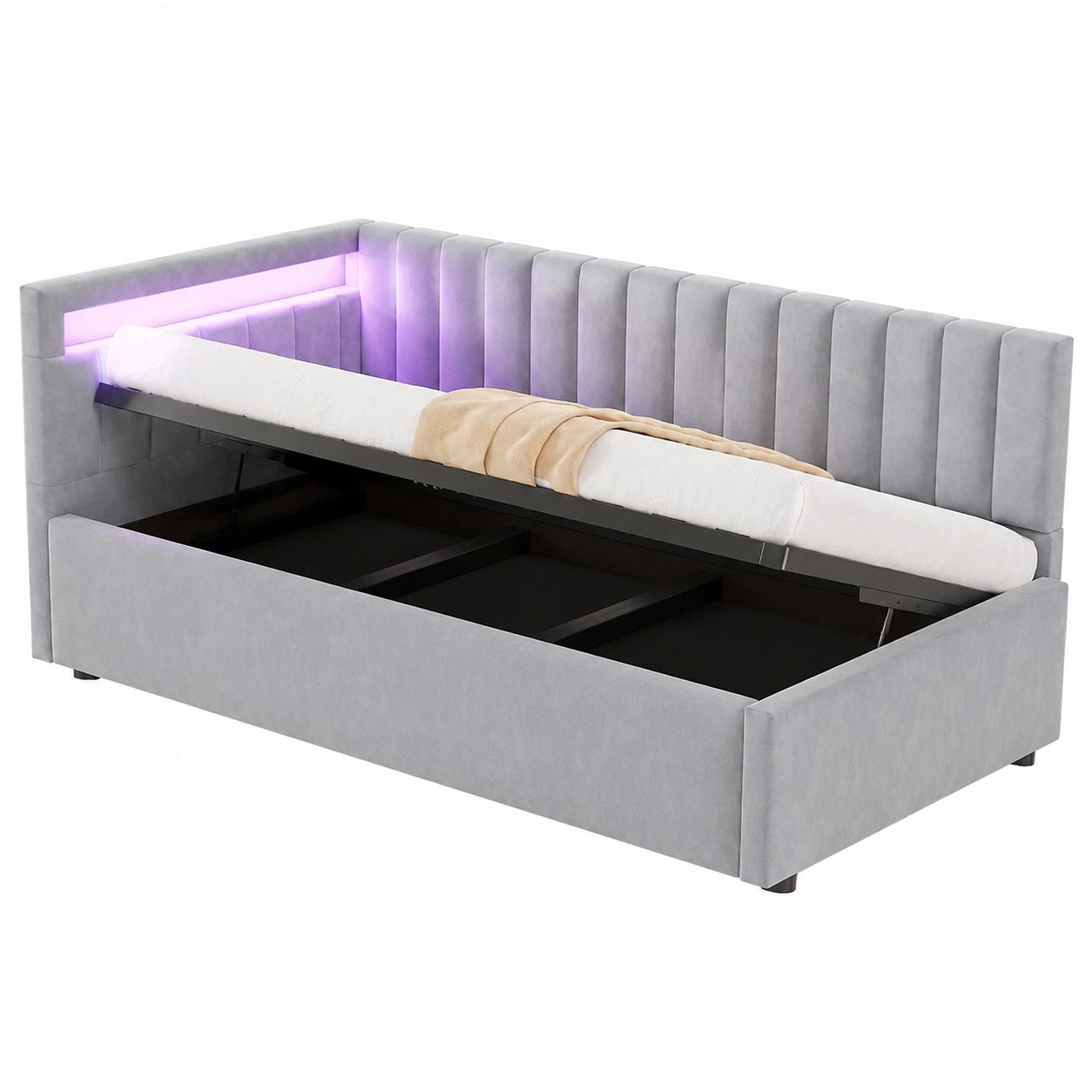 Elegantes Polsterbett 90x200 mit LED und Stauraum, Samt-Schlafsofa für Jugendzimmer, Gästebett ohne Matratze, Hellgrau
