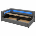 Einzelnes Polsterbett 90x200 mit Stauraum, LED-Beleuchtung und USB-Ladefunktion, Jugend- und Gästebett ohne Matratze in Grau