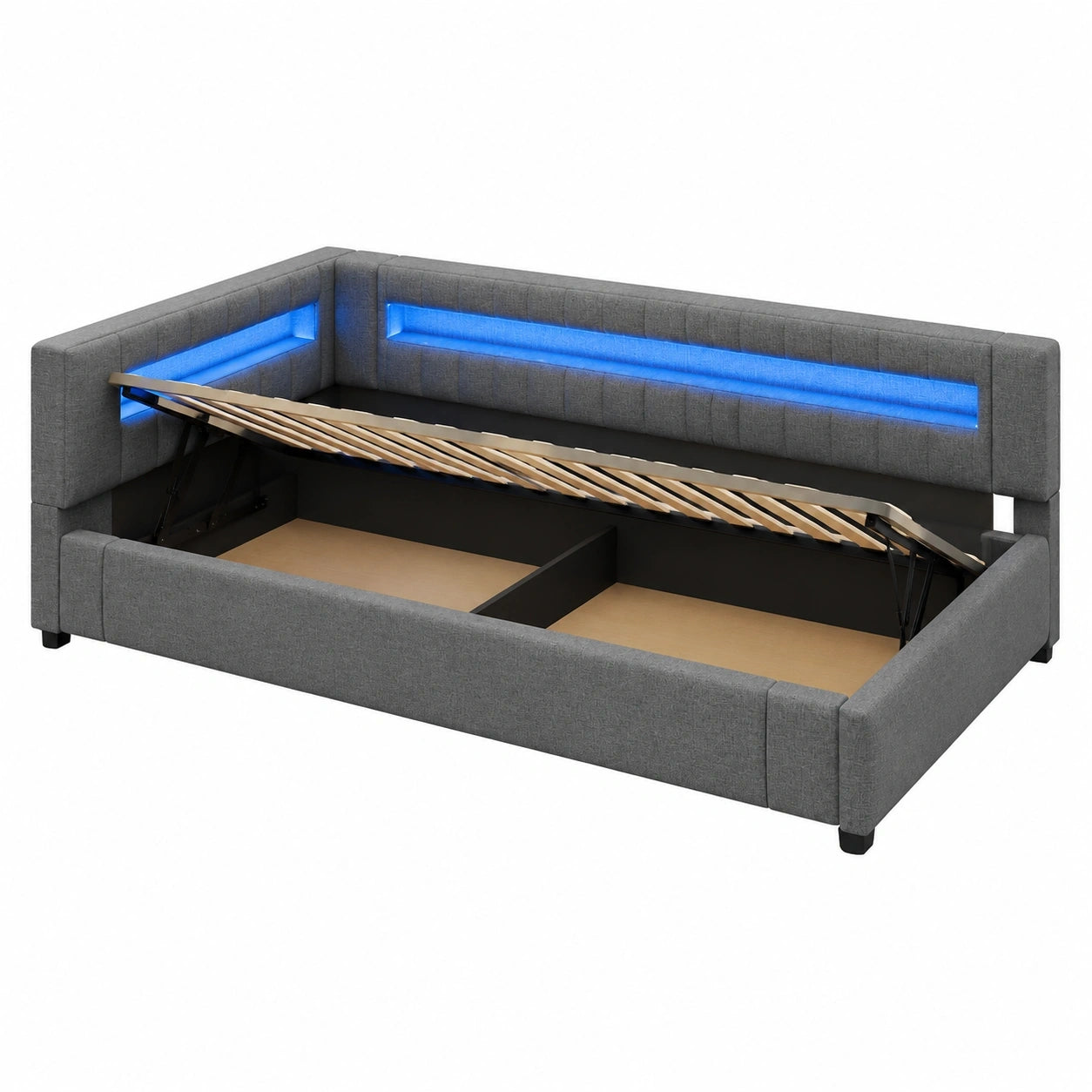 Einzelnes Polsterbett 90x200 mit Stauraum, LED-Beleuchtung und USB-Ladefunktion, Jugend- und Gästebett ohne Matratze in Grau