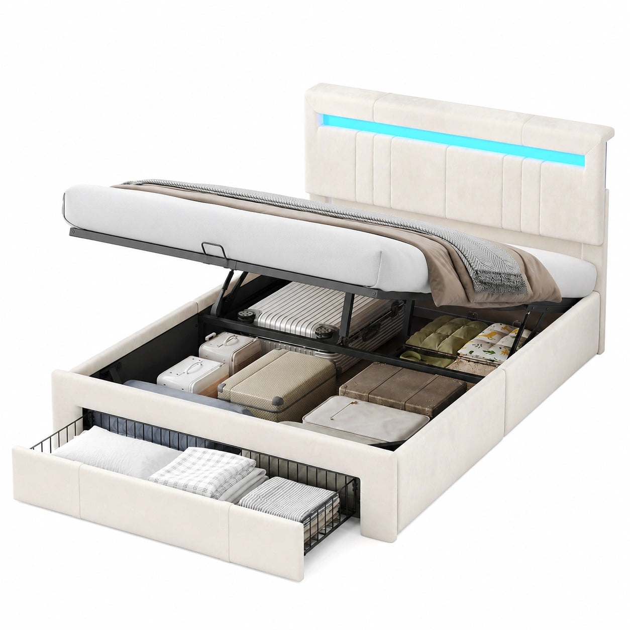 Beige Jugend-Polsterbett 140x190 mit LED, Steckdosen & Stauraum