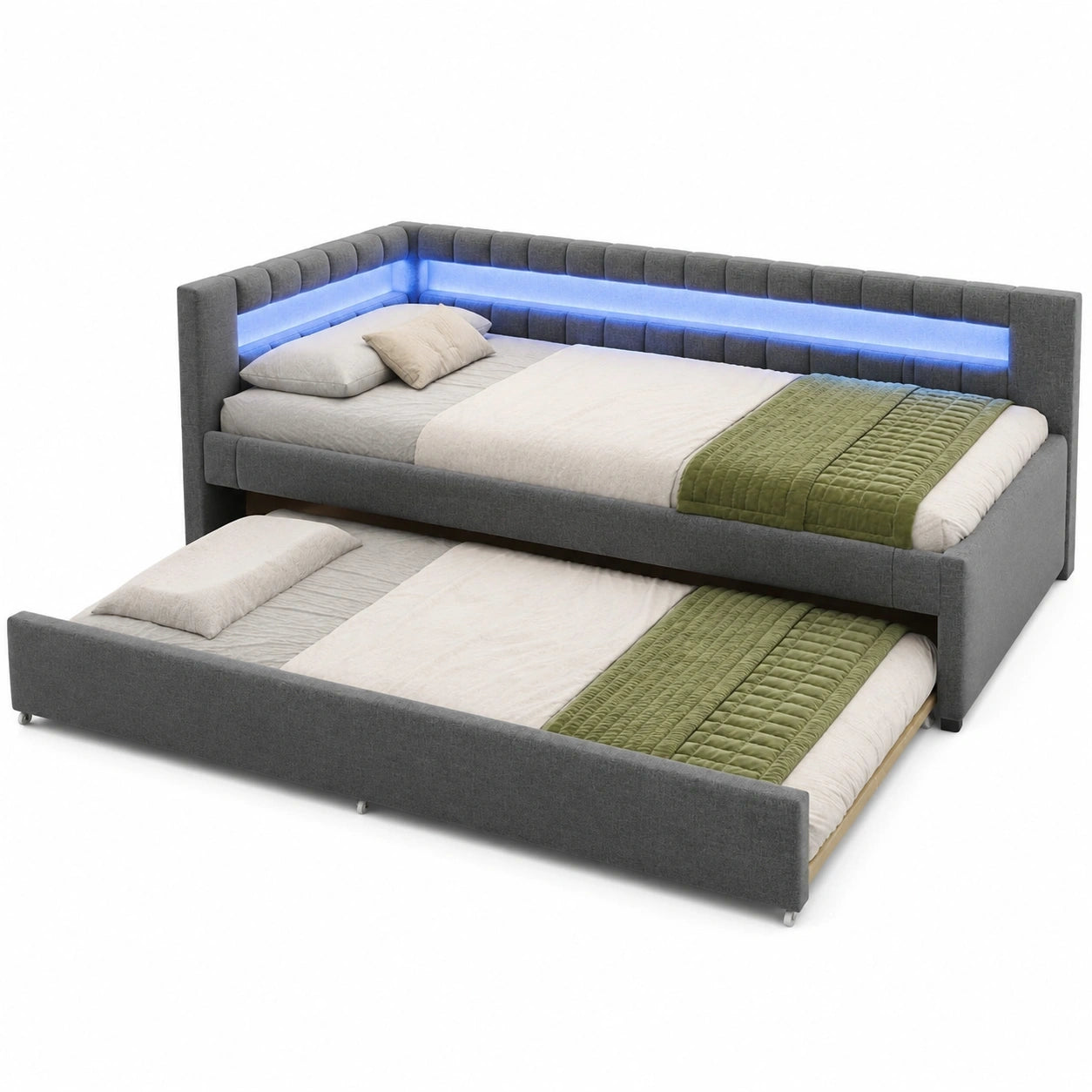 Multifunktionales Polsterbett 90x200 mit LED und USB-C, Ausziehbares Schlafsofa aus Holz, Gästebett in Grau, Leinenbezug