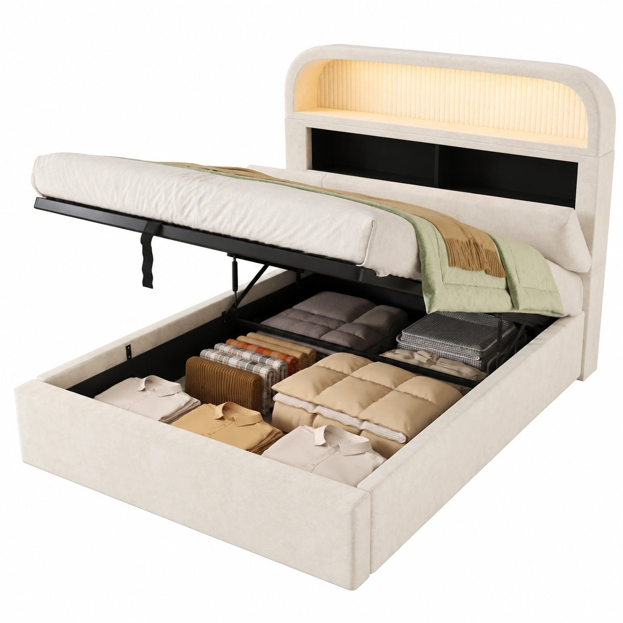 DEKKETO Polster-Einzelbett 90x200 cm, Boxspring mit Stauraum, Kopfteil USB & Typ-C, LED-Beleuchtung, Samt, Beige, ohne Matratze