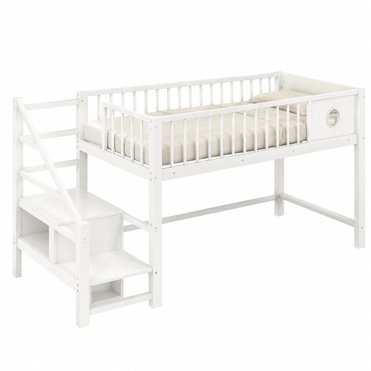 Kinder-Metallbett 90x200 cm mit Stauraum und Sicherheit, Weiß, Treppe inklusive