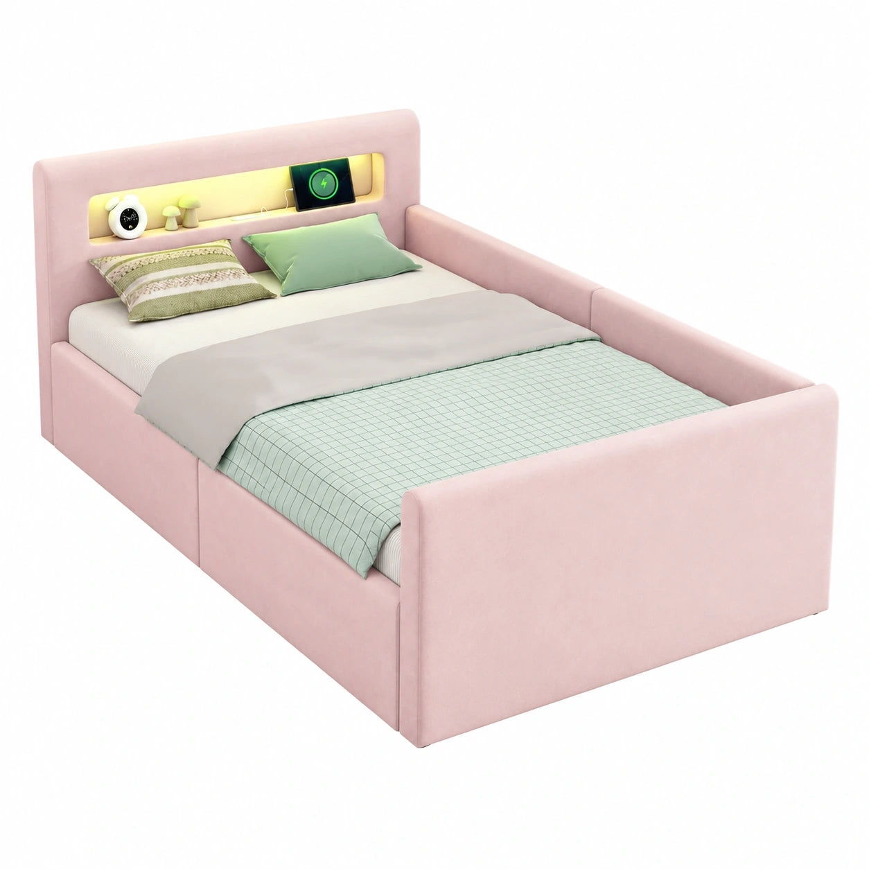 Kinder-Polsterbett 90x200 cm mit Stauraum, LED-Licht und USB, Samt Rosa