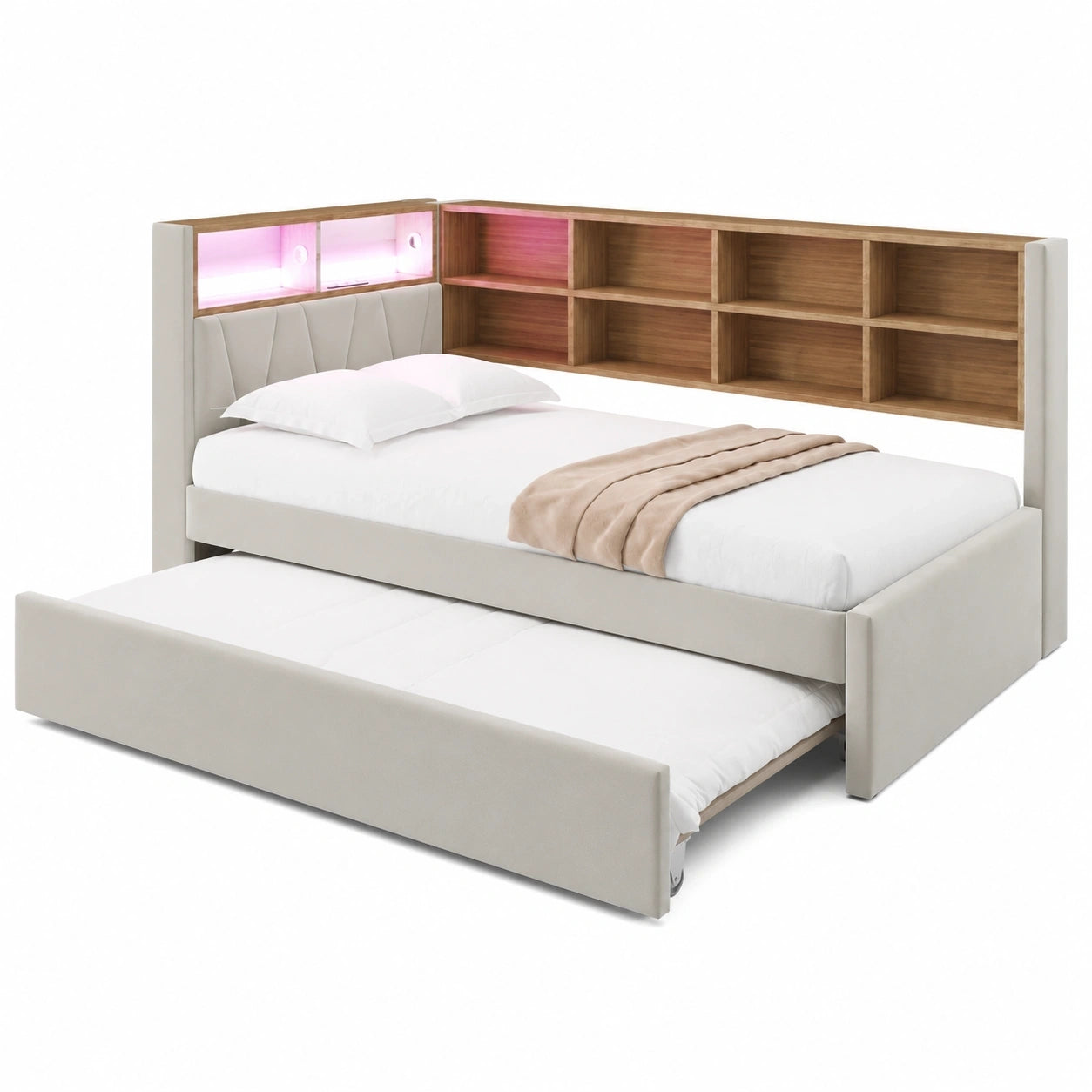 Merax Funktionssofa mit Ausziehbett, LED, Steckdosen & USB/Type-C, Stauraum, Flanell, Hellgrau
