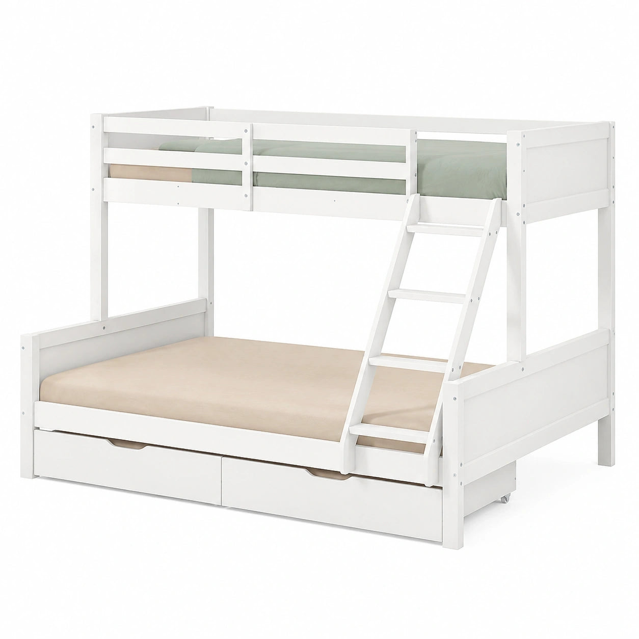 Homestyle4u Doppel-Stockbett 90x200 & 140x200, Weißes Holz-Etagenbett mit Bettkästen und Matratzen