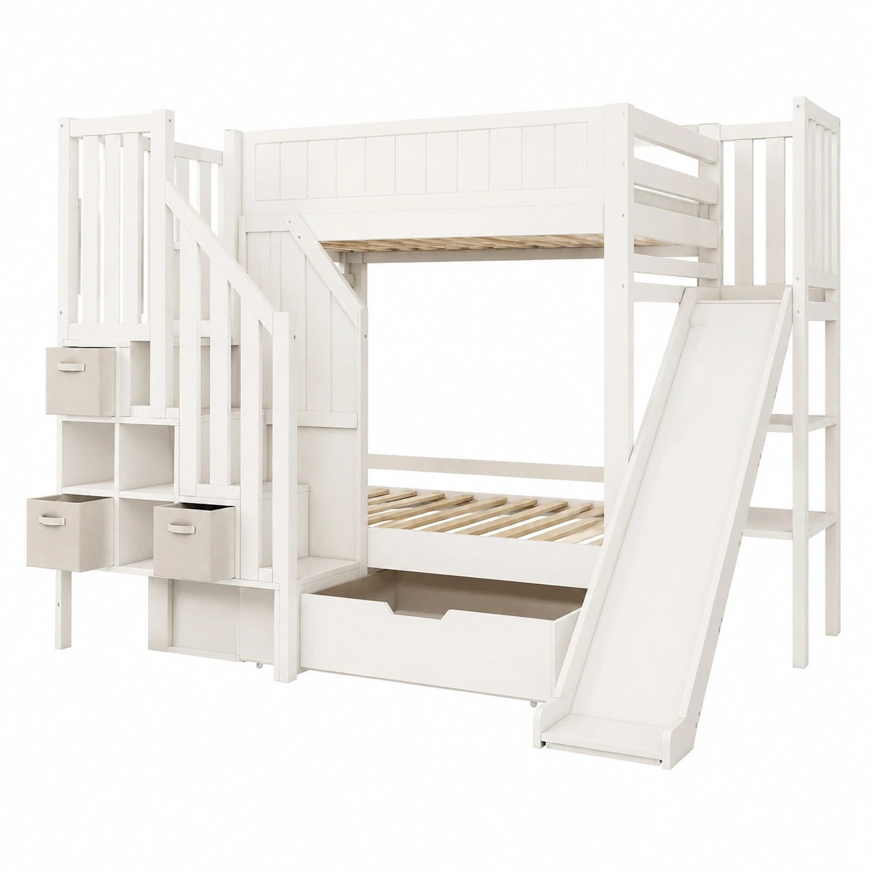 Hochbett für Kinder mit Rutsche, Leiter, Schrank & Schubladen, 90x200 cm, Weiß