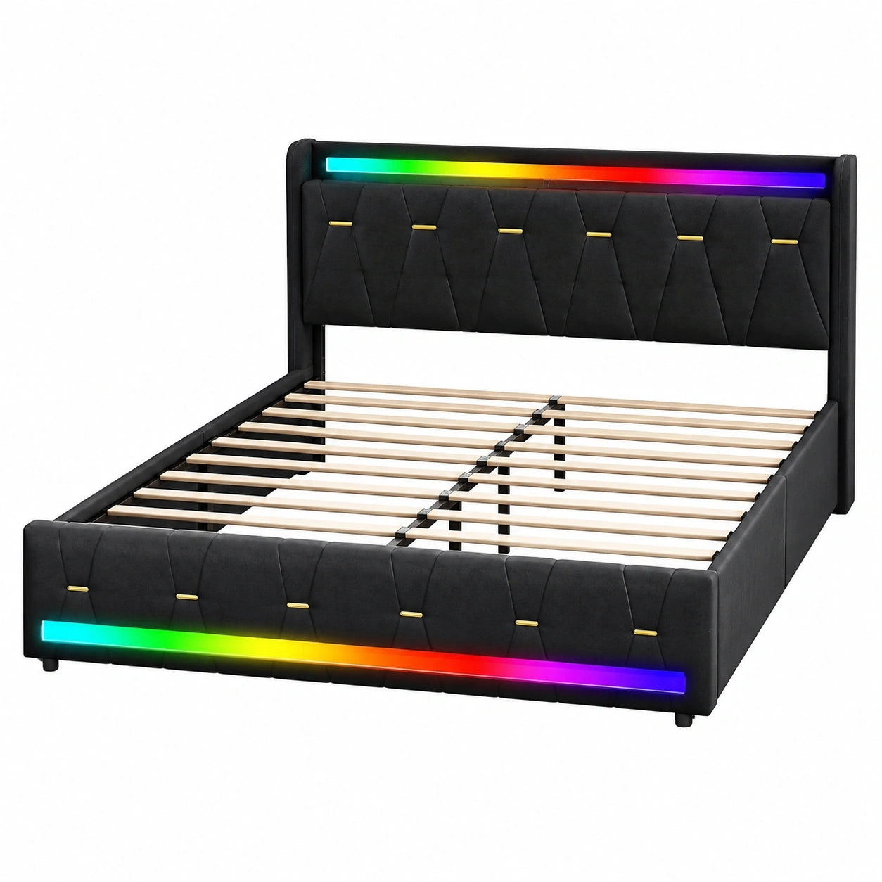 Vielseitiges Polsterbett aus Samt 160x200cm mit integriertem Stauraum, Bluetooth und LED