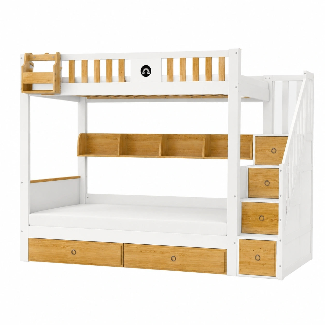 Kinder-Etagenbett 90x200 cm mit Treppe und Stauraum, Weiß-Natur, Holzbett mit Schutz und Schubladen