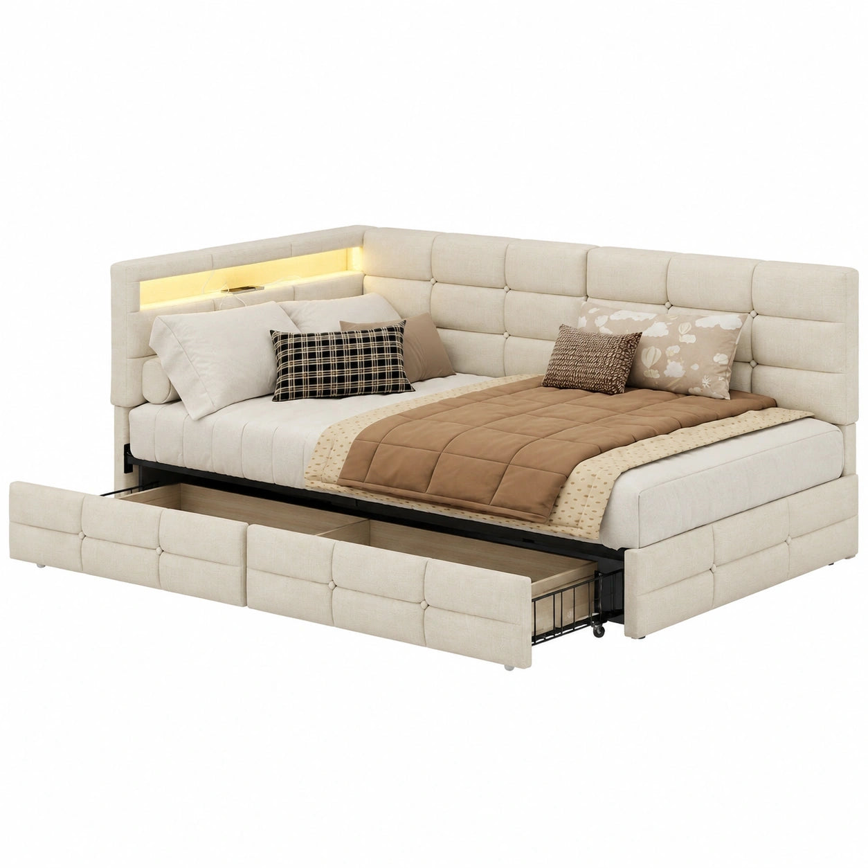Modernes Polsterbett 90x200 cm mit LED & USB-C, Jugendbett mit Stauraum und Lattenrost