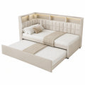 Einzelnes Polsterbett 90x200 mit LED, Ausziehbett und USB-Anschluss, Bluetooth-Lautsprecher, Stauraum und Lattenrost, Beige