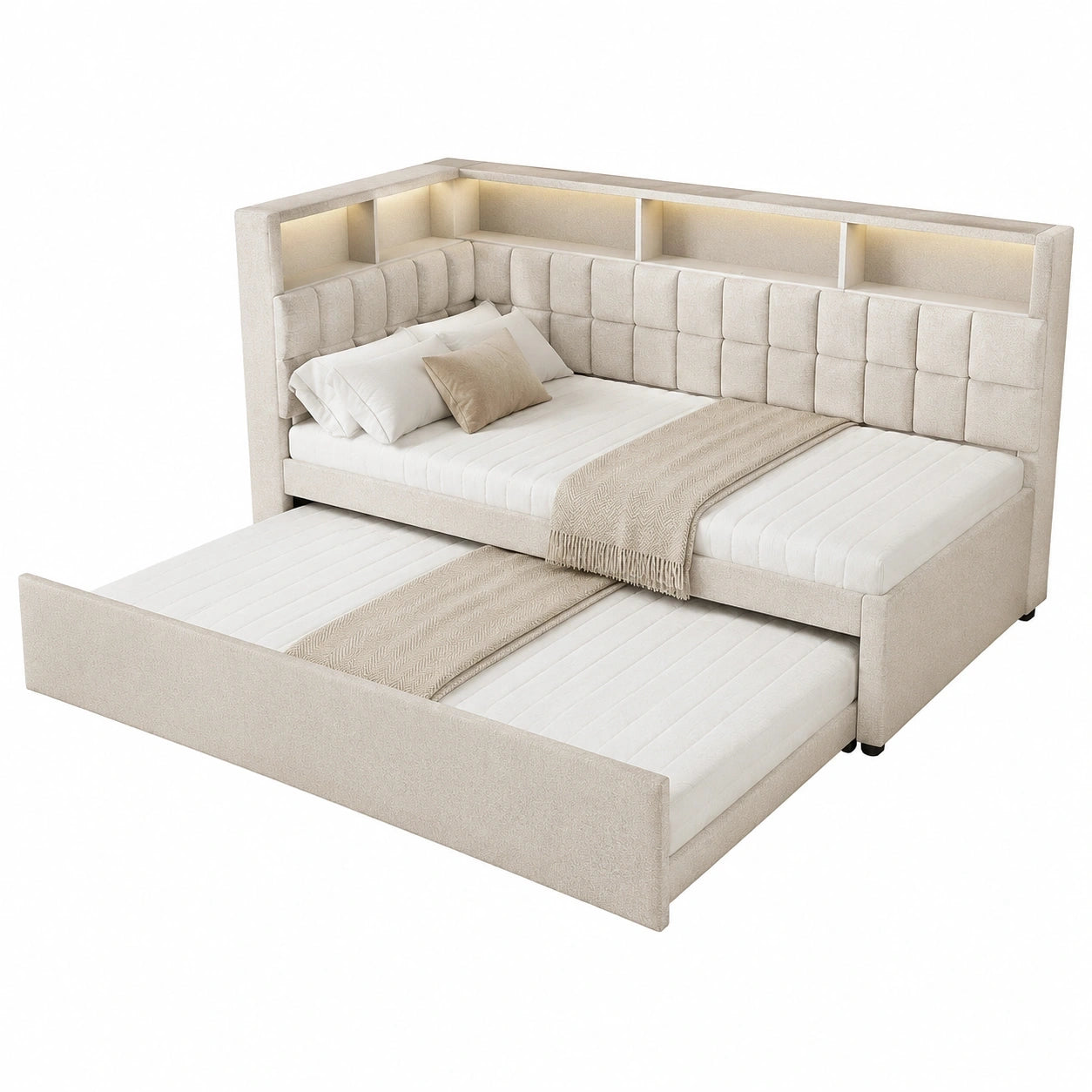 Einzelnes Polsterbett 90x200 mit LED, Ausziehbett und USB-Anschluss, Bluetooth-Lautsprecher, Stauraum und Lattenrost, Beige