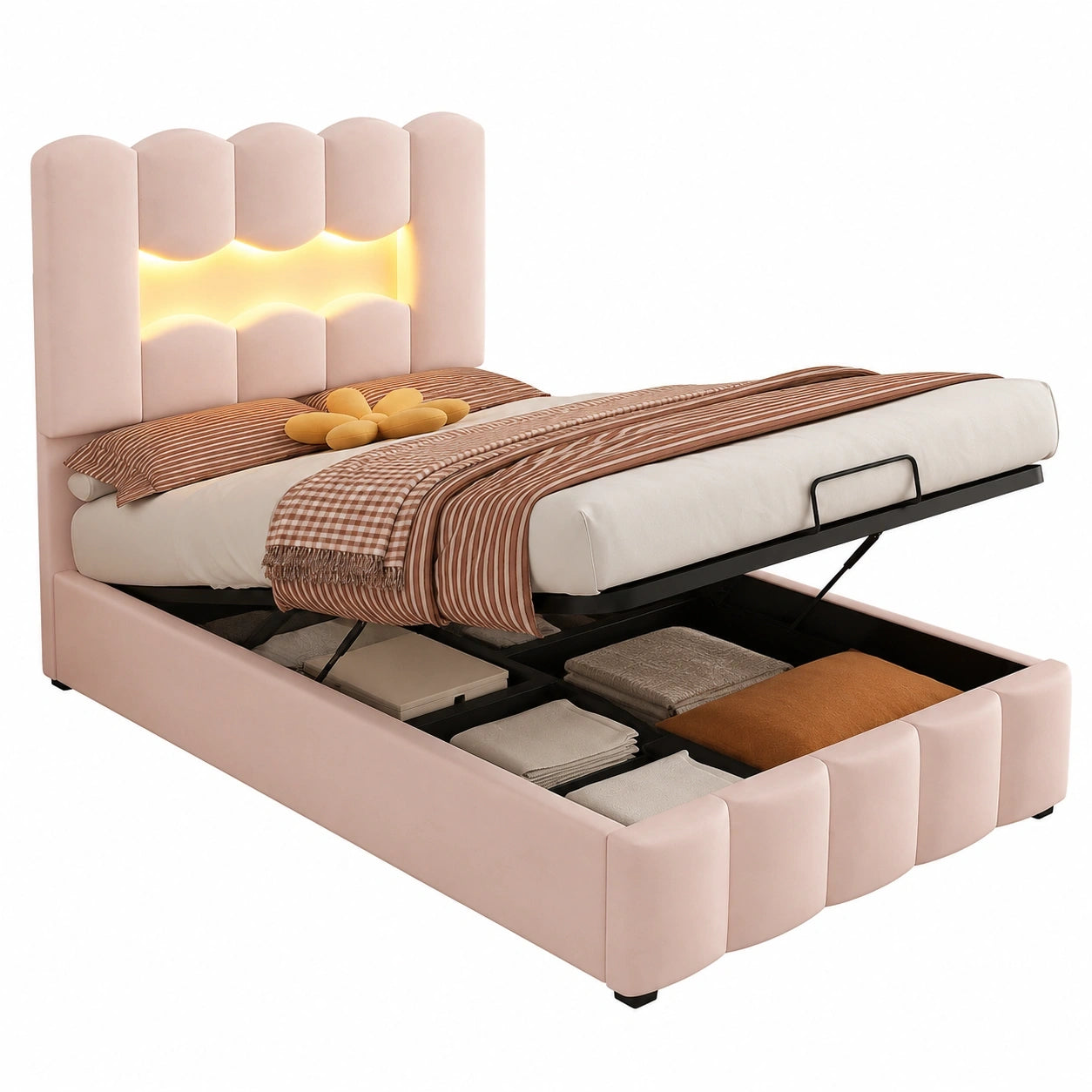Kinder-Samtbett 90x200 cm mit LED, Stauraum und verstellbarem Kopfteil, Rosa