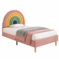Samt-Kinderbett 90x200 cm mit Regenbogen-Kopfteil, höhenverstellbar, für Kinder, Jugendliche und Erwachsene, inkl. Lattenrost, Rosa