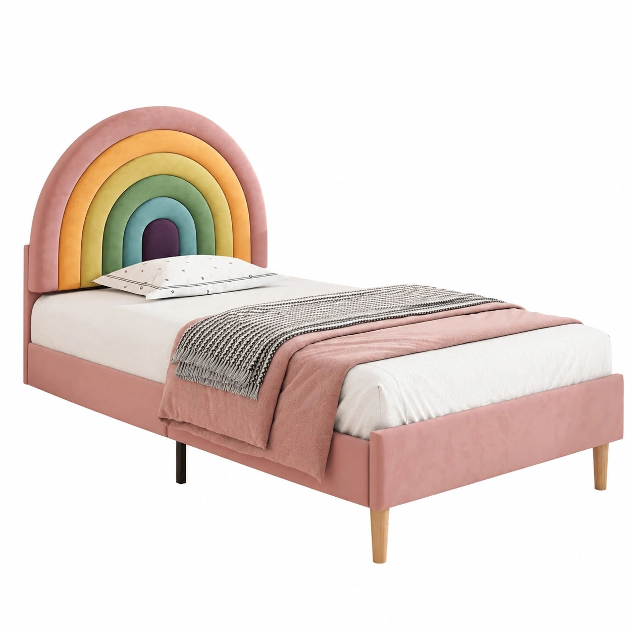 Samt-Kinderbett 90x200 cm mit Regenbogen-Kopfteil, höhenverstellbar, für Kinder, Jugendliche und Erwachsene, inkl. Lattenrost, Rosa