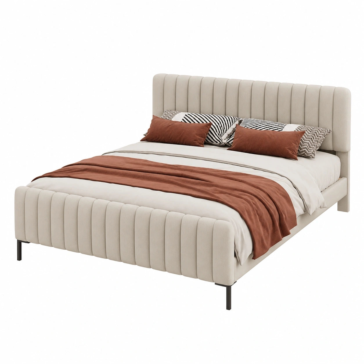 Modernes Polsterbett 160x200 cm mit verstellbarem Kopfteil und Leinenbezug, inkl. Holzlattenrost, Beige/Grau