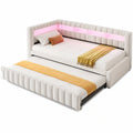 Kebnor Polster-Schlafsofa 90x200 cm mit LED, Kopf- und Rückenlehne, Streifendesign, USB-Anschluss, Ausziehbett, Samt Beige