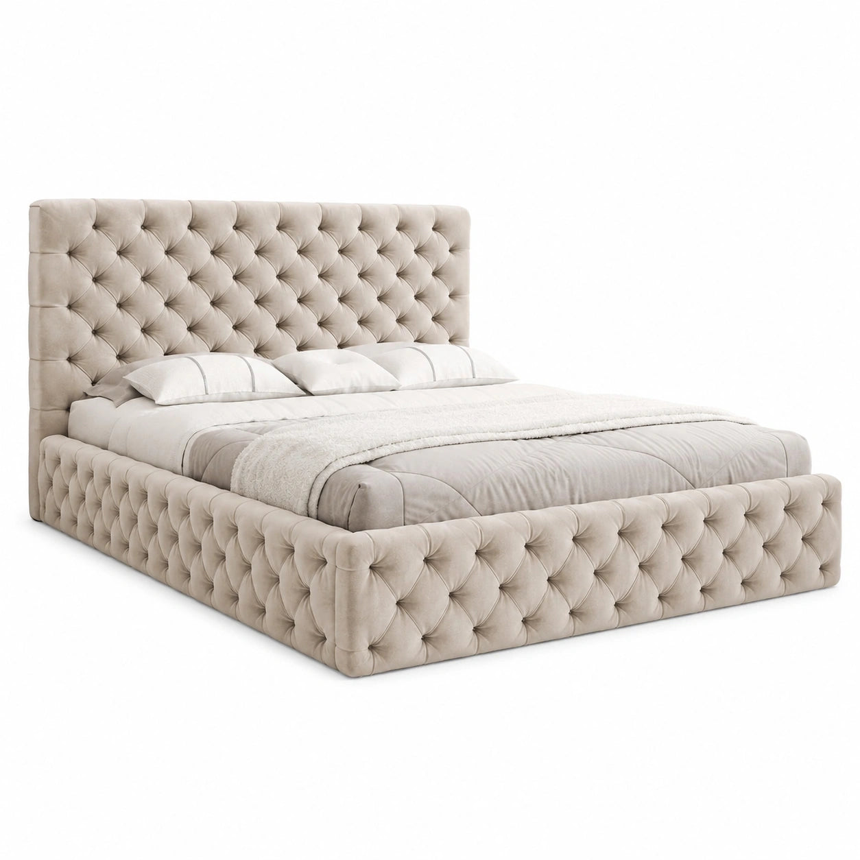 Elegantes Chesterfield Polsterbett 200x200 cm in Beige mit Stauraum und Kopfteil