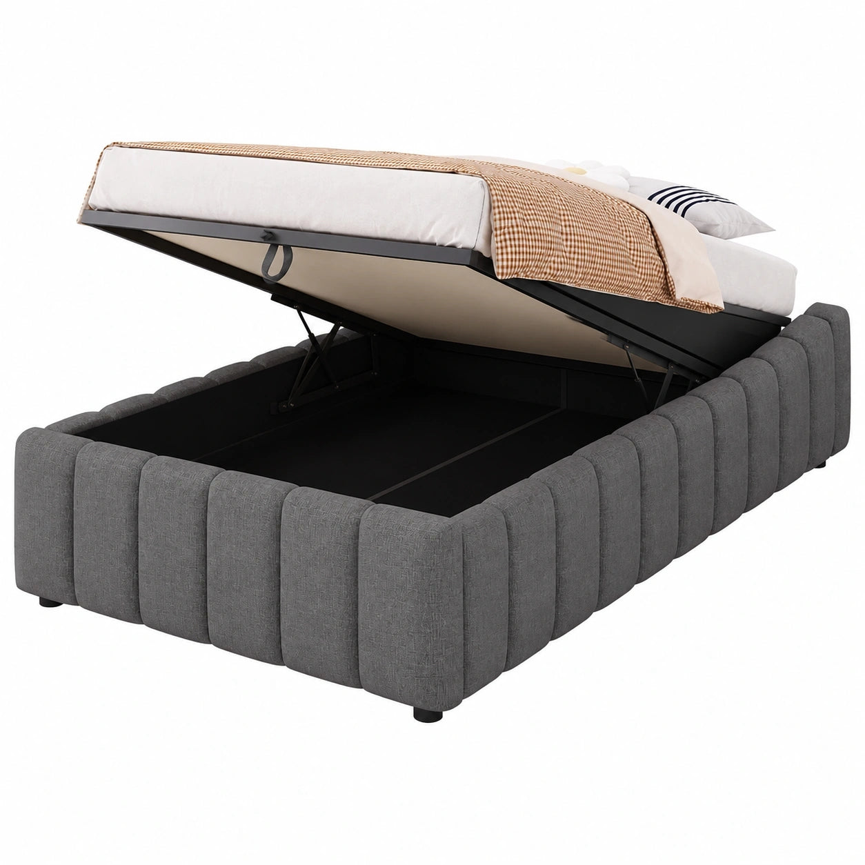 Modernes Einzelbett 90x200 cm mit Stauraum, Graues Polsterbett ohne Kopfteil für Jugendliche und Erwachsene