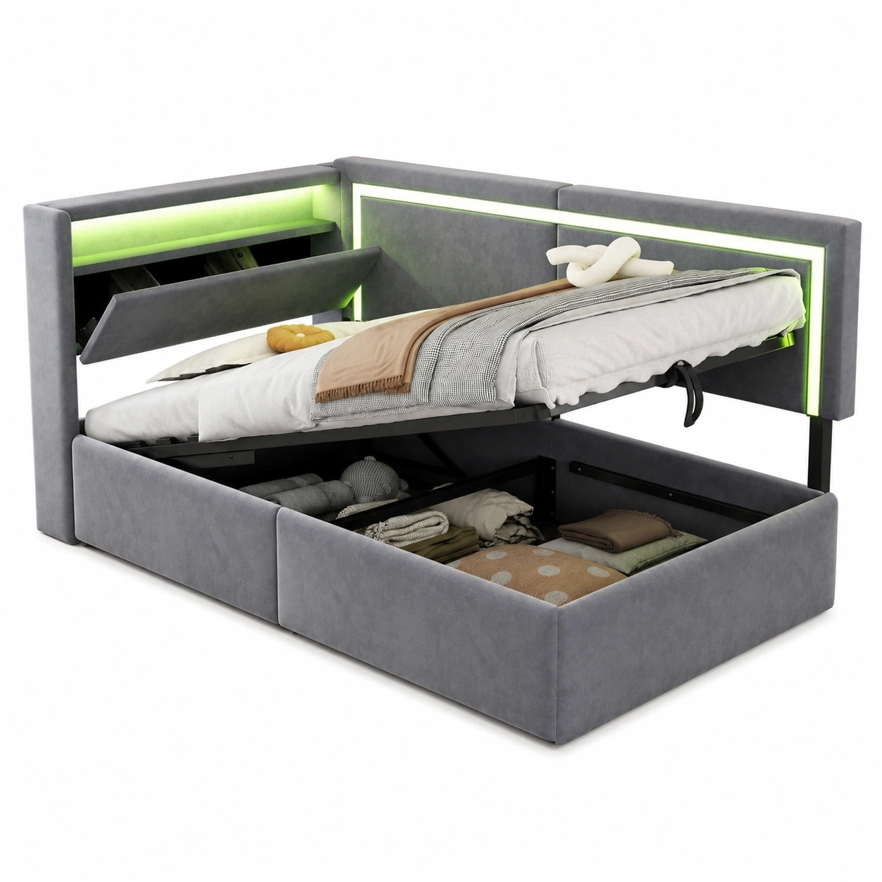 Polsterbett 90x200 cm mit LED und USB-C, Schlafsofa mit Stauraum, Kinder- und Einzelbett aus Samt, Grau