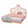 Kinder Polsterbett 140x200 cm mit LED & App-Steuerung, Prinzessin Bett Krone Design, Höhenverstellbar, Samt Rosa-Weiß