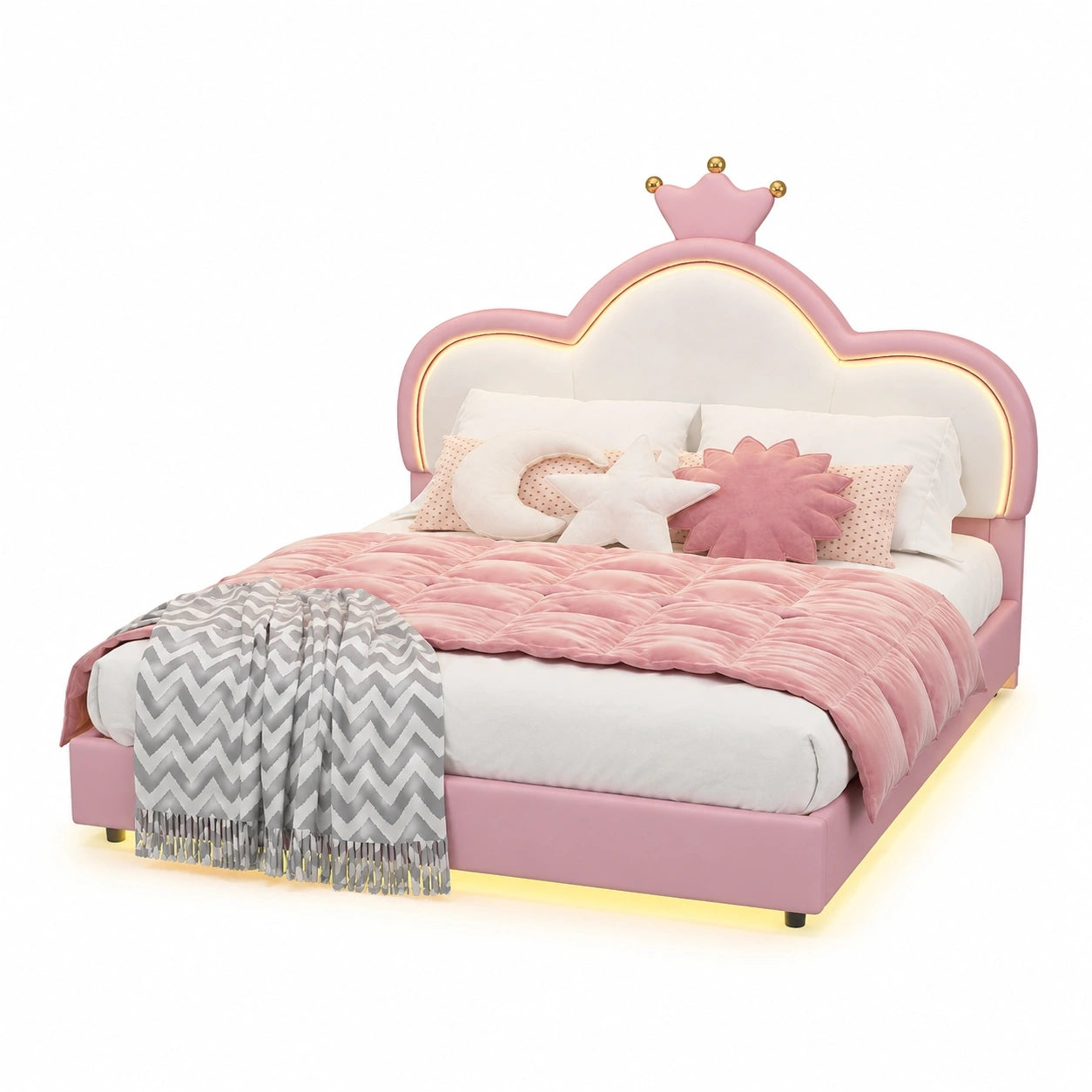 Kinder Polsterbett 140x200 cm mit LED & App-Steuerung, Prinzessin Bett Krone Design, Höhenverstellbar, Samt Rosa-Weiß