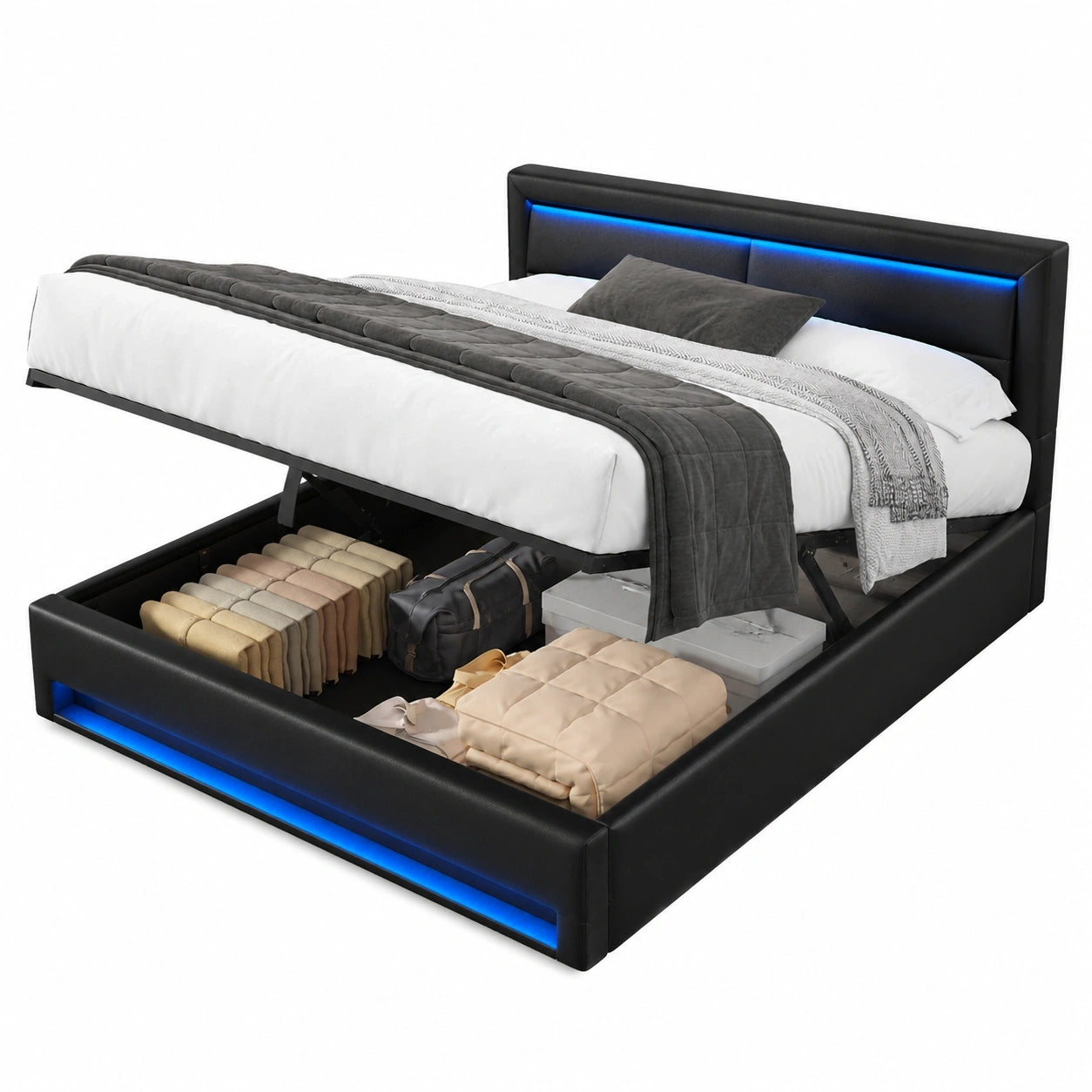 Merax Polsterbett 140x190 cm mit Stauraum und LED, USB-Ladestation, Modernes Doppelbett in Schwarz, Hydraulisches Design