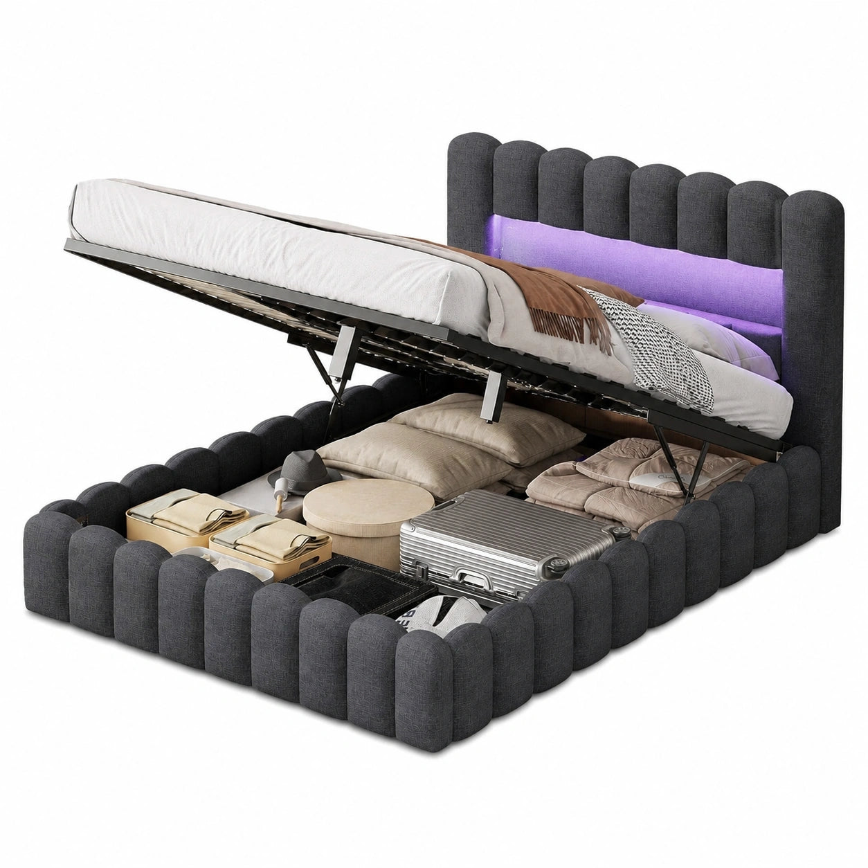Polsterbett 140x200 mit Stauraum, LED und USB, Boxspringdesign in Grau